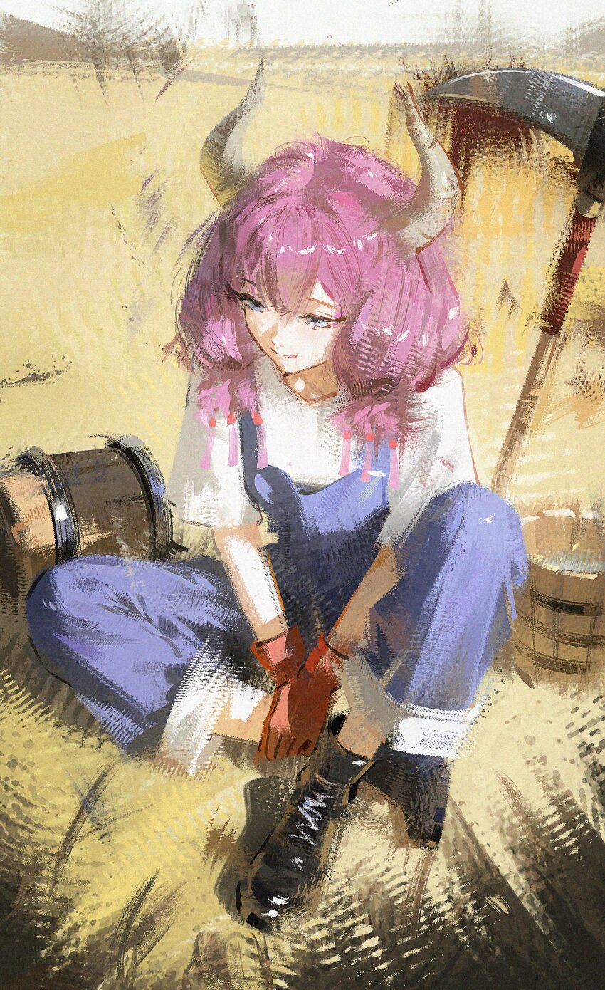 1girl, absurdres, aura_(sousou_no_frieren), blue_overalls, blue_pants, braid, bucket, commentary, demon_girl, demon_horns, english_commentary, field, gloves, highres, horns, long_hair, low-braided_long_hair, low-tied_long_hair, multiple_braids, nyte_tyde, on_ground, outdoors, overalls, painterly, pants, purple_hair, red_gloves, scythe, shirt, sitting, smile, solo, sousou_no_frieren, white_shirt, wooden_bucket