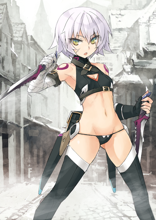 1girl, :o, architecture, arm_belt, bandaged_arm, bandaged_hand, bandages, bare_shoulders, belt, belt_buckle, belt_collar, black_gloves, black_panties, black_shirt, black_thighhighs, boots, breasts, brown_belt, buckle, buttons, chest_belt, cleavage_cutout, clothing_cutout, collar, crop_top, dagger, dual_wielding, facial_scar, fate/grand_order, fate_(series), feet_out_of_frame, fingerless_gloves, gloves, green_eyes, groin, hair_between_eyes, halterneck, high_collar, holding, holding_dagger, holding_knife, holding_weapon, jack_the_ripper_(fate/apocrypha), knife, konoe_ototsugu, legs_apart, long_sleeves, looking_at_viewer, maria_the_ripper, multiple_scars, navel, official_art, open_mouth, panties, reverse_grip, scar, scar_across_eye, scar_on_cheek, scar_on_face, sheath, shirt, short_hair, shoulder_tattoo, single_glove, small_breasts, solo, standing, stitches, tattoo, thigh_boots, thighhighs, third-party_source, underbust, underwear, variant_set, weapon, white_hair, wide_sleeves