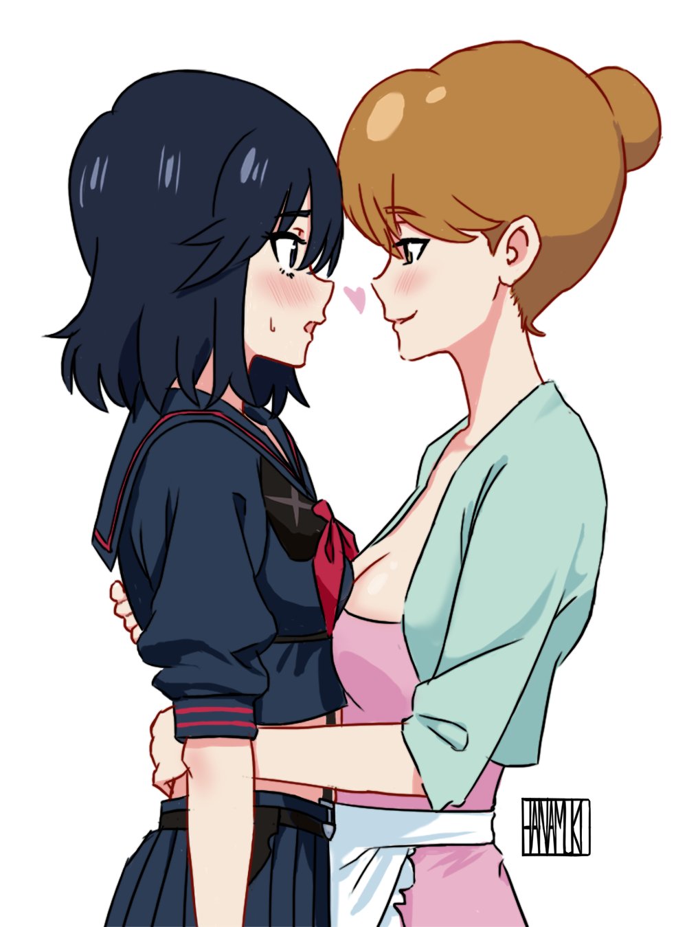 2girls, age_difference, artist_name, black_hair, blue_eyes, blue_shirt, blush, breasts