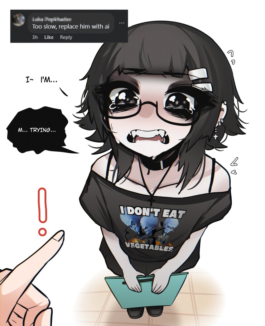 1girl, 1other, absurdres, ai-generated_art_(topic), black_hair, black_shirt, blush, cross, cross_necklace, crying, english_text, from_above, glasses, highres, holding, jewelry, makeup, megamind_(movie), mikuneki, necklace, original, out_of_frame, pointing, pointing_at_another, riyo_kaede_(mikuneki), shirt, short_hair