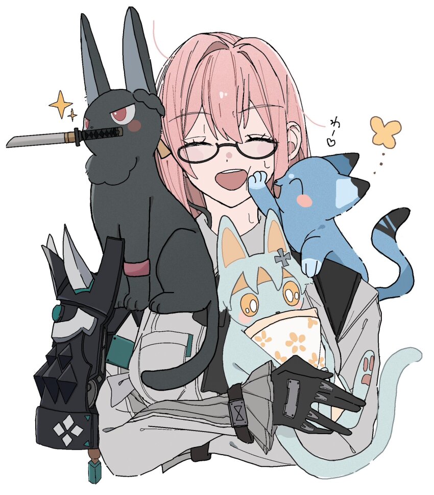 1girl, armor, asaba_harumasa, asaba_harumasa_(cat), black_gloves, cat, dress_shirt, gloves