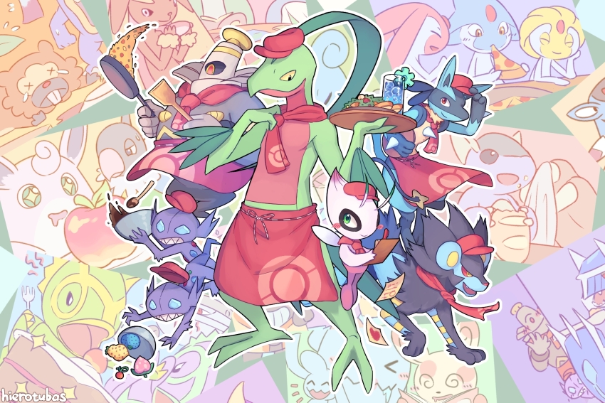 >_<, 2others, adjusting_clothes, adjusting_headwear, alternate_color, apron, armaldo, ascot