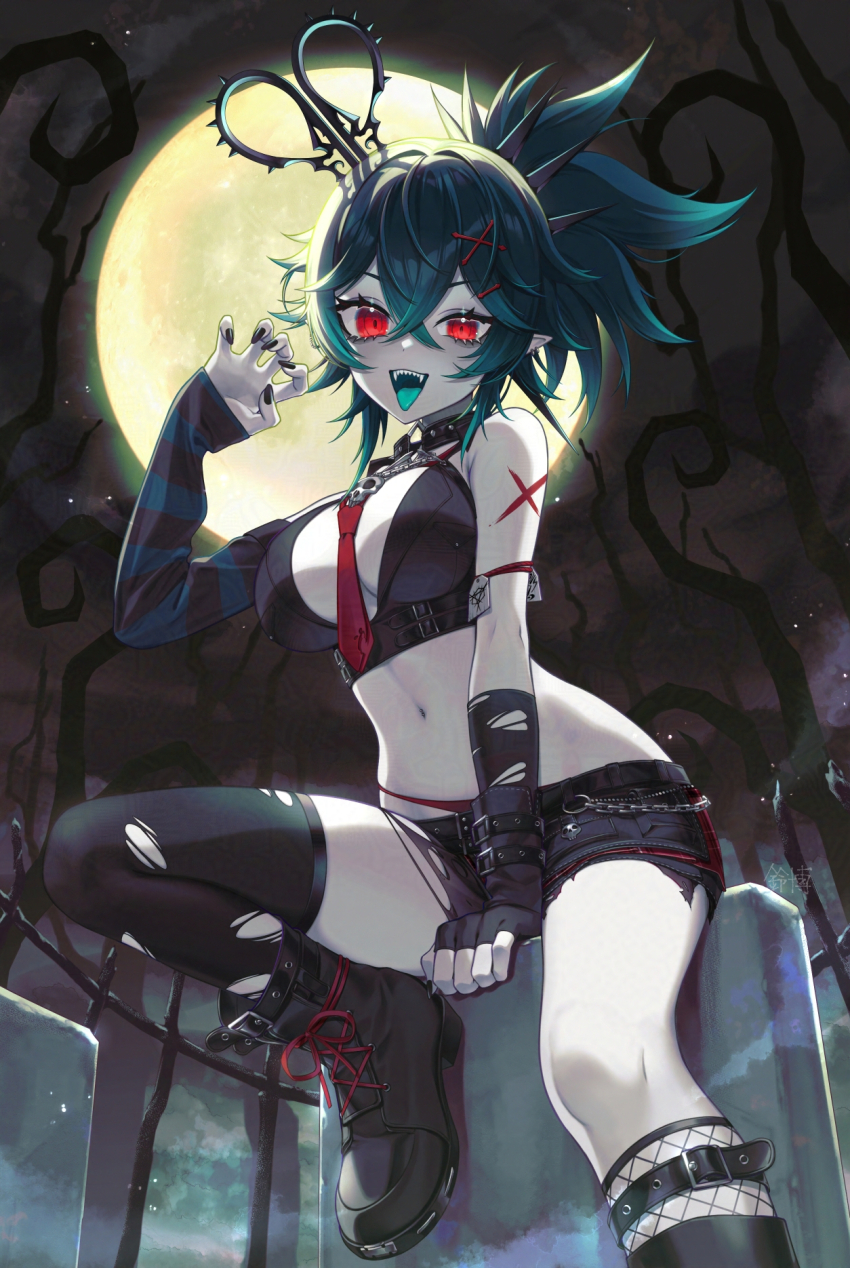 1girl, aqua_hair, aqua_tongue, asymmetrical_legwear, asymmetrical_sleeves, belt, black_belt, black_boots, black_collar, black_gloves, black_hair, black_nails, black_sleeves, black_thighhighs, blue_sleeves, boots, breasts, collar, commission, earrings, eros_valentyne, eyelashes, fingerless_gloves, full_moon, gloves, gradient_hair, highres, indie_virtual_youtuber, jewelry, leg_belt, midriff, mismatched_legwear, mismatched_sleeves, moon, multicolored_hair, navel, navel_piercing, necktie, pale_skin, piercing, pointy_ears, red_eyes, red_necktie, scissors_hair_ornament, sharp_teeth, single_fishnet_legwear, single_glove, sitting, skeb_commission, solo, striped_sleeves, suzuhiro, teeth, thighhighs, tombstone, torn_clothes, torn_sleeves, torn_thighhighs, virtual_youtuber