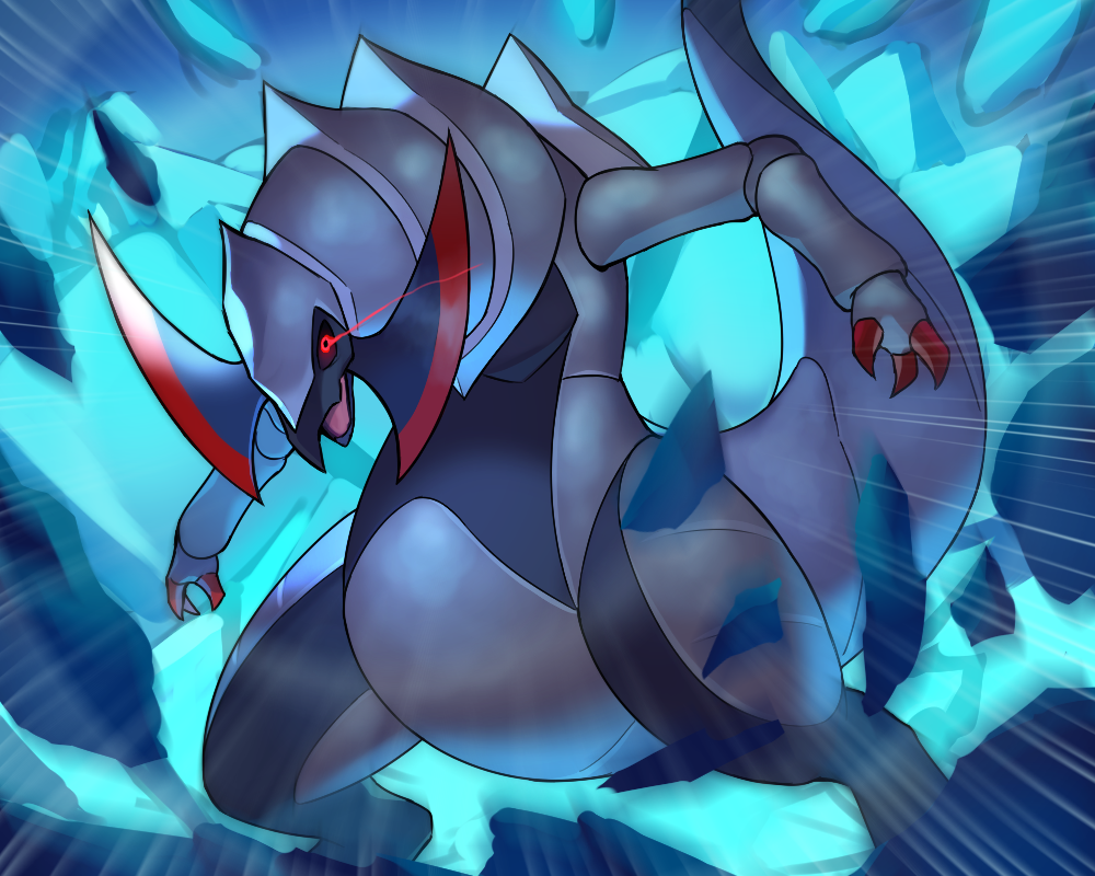 alternate_color, blue_background, blue_theme, claws, commentary_request, emphasis_lines, eye_trail, gen_5_pokemon