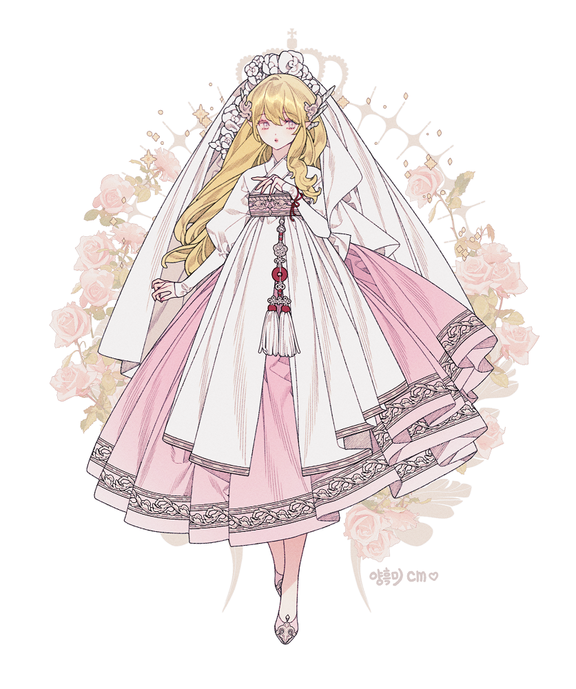 1girl, blonde_hair, bracelet, bridal_veil, button_knot, chinese_knot, crown, dress, empire_waist, eyeshadow, fashion, flats, flower, flower_knot, full_body, gown, hair_flower, hair_ornament, hanbok, jewelry, korean_clothes, lemon89h, long_hair, makeup, original, pink_eyeshadow, pink_flower, pink_rose, pink_sash, pink_shoes, purple_eyes, rose, sash, shoes, solo, two-tone_dress, veil, wavy_hair, wedding_dress, white_background, white_dress, white_flower, white_veil, yaopei