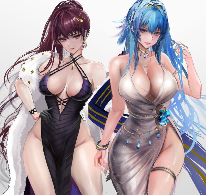 2girls, blue_eyes, blue_hair, bracelet, braid, breasts, brown_hair, cleavage