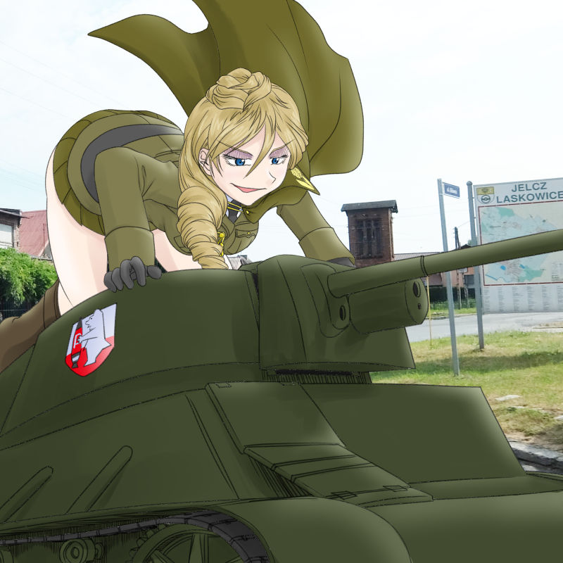 1girl, black_necktie, blonde_hair, blue_eyes, bonple_(emblem), bonple_military_uniform, breasts, brown_cape