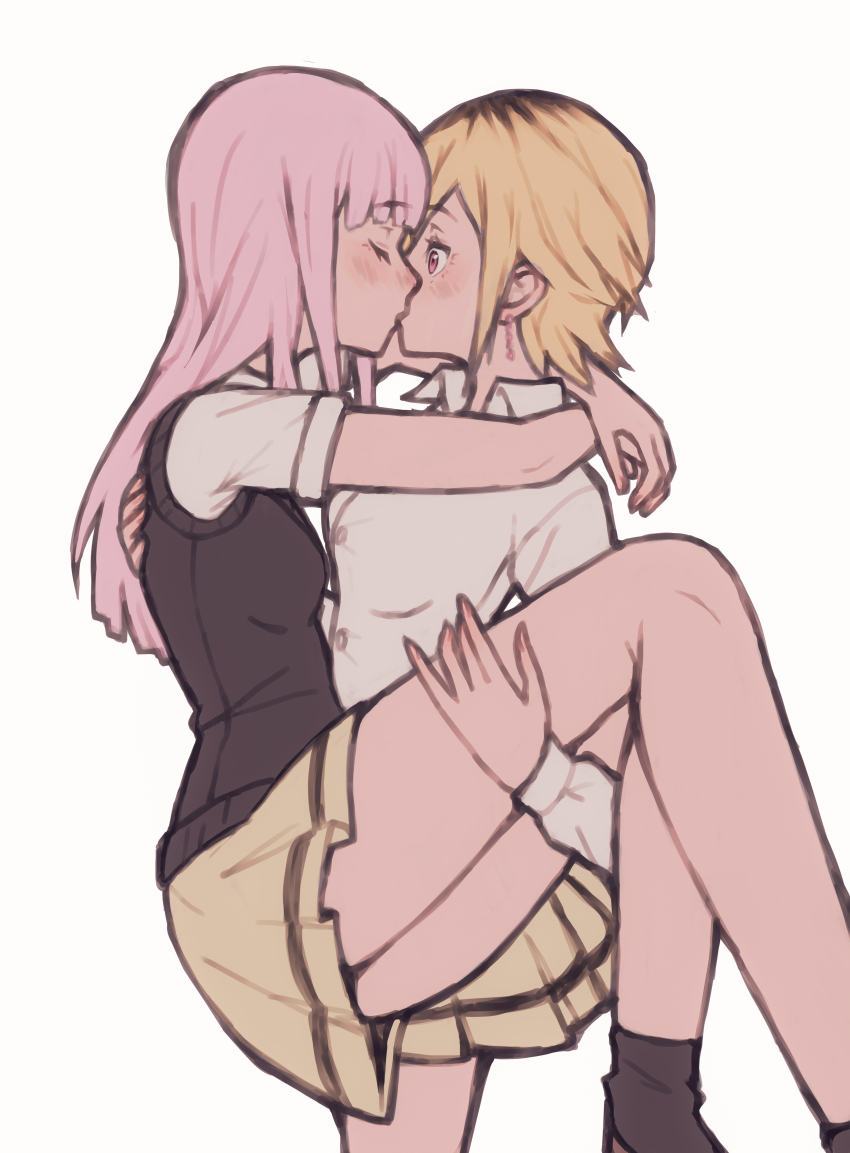2girls, absurdres, arms_around_neck, black_hair, blonde_hair, blush, breasts, brown_eyes