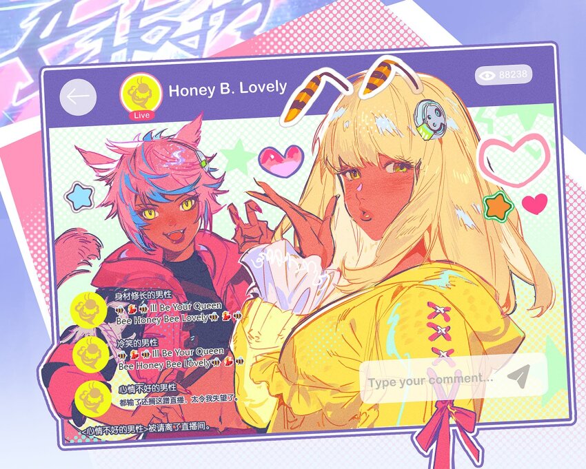 2girls, :d, animal_ears, black_shirt, blonde_hair, blowing_kiss, cat_ears, cat_girl, cat_tail, commentary, crop_top, cropped_jacket, dark-skinned_female, dark_skin, fangs, final_fantasy, final_fantasy_xiv, fingernails, green_eyes, heart, heterochromia, hex_6shui, honey_b._lovely, hyur, long_fingernails, looking_at_viewer, medium_hair, miqo'te, multicolored_hair, multiple_girls, open_mouth, pink_hair, shirt, short_hair, slit_pupils, smile, streaked_hair, untranslatable_commentary, tail, yaana_(ff14), yellow_eyes, yellow_nails