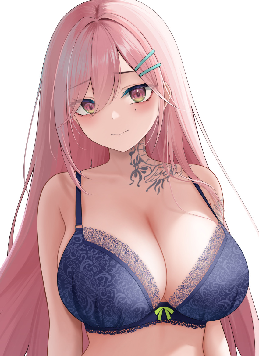 1girl, absurdres, arm_tattoo, blue_bra, blush, bra, breasts, cleavage