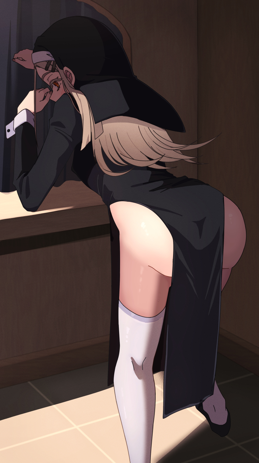 1girl, absurdres, alternate_costume, ass, black_dress, black_hat, black_shoes, blush