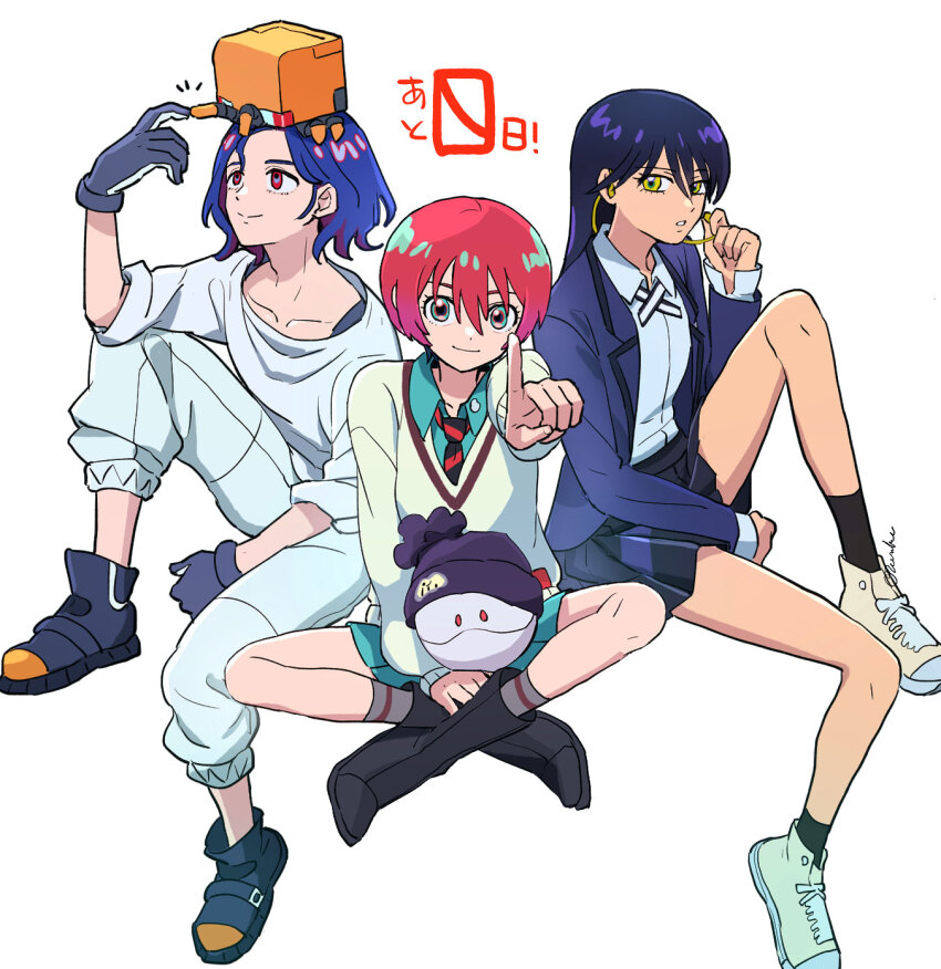 1boy, 2girls, amate_yuzuriha, aqua_eyes, aqua_shirt, aqua_skirt, black_hair, blue_hair