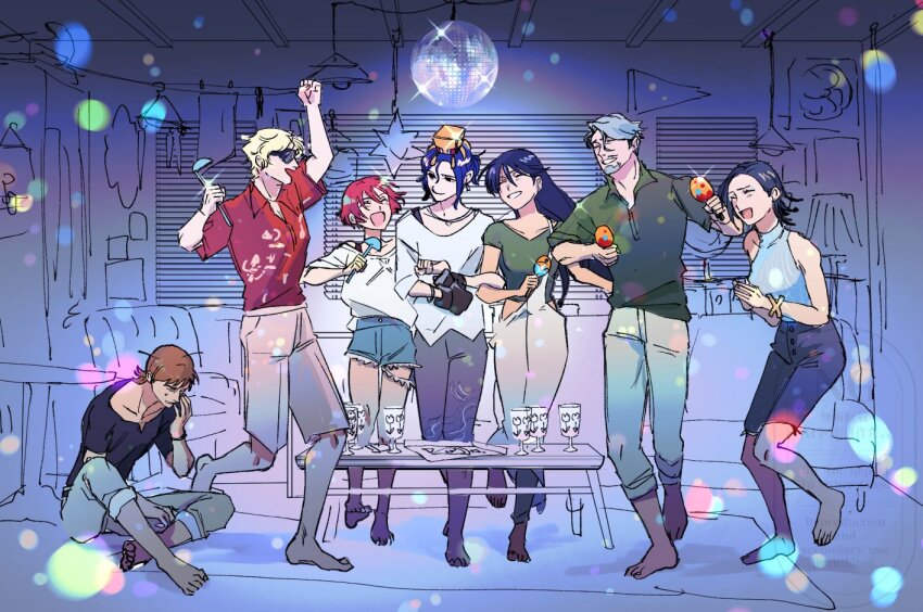 3girls, 4boys, amate_yuzuriha, beard, beeeeetan, black_hair, blonde_hair, blue_hair