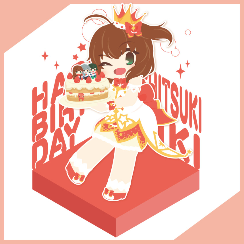 4girls, ahoge, battle_girl_high_school, border, cake, character_name, crown, eyelashes