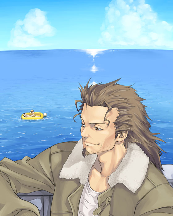 00s, 1boy, 2girls, arms_behind_head, bikini, black_hair, blonde_hair, boat, cloud, crossed_legs, day, facial_hair, fur_trim, goatee, grey_eyes, grey_hair, ichijou_eika, inflatable_raft, jacket, leather, leather_jacket, light_smile, long_hair, long_sleeves, looking_to_the_side, lying, male_focus, multiple_girls, ocean, on_back, on_boat, open_clothes, open_jacket, outdoors, partially_submerged, sakurano_otoha, satou_atsuki, shirt, sky, sky_girls, smile, solo_focus, stubble, swimsuit, togo_souya, tougou_souya, water, watercraft