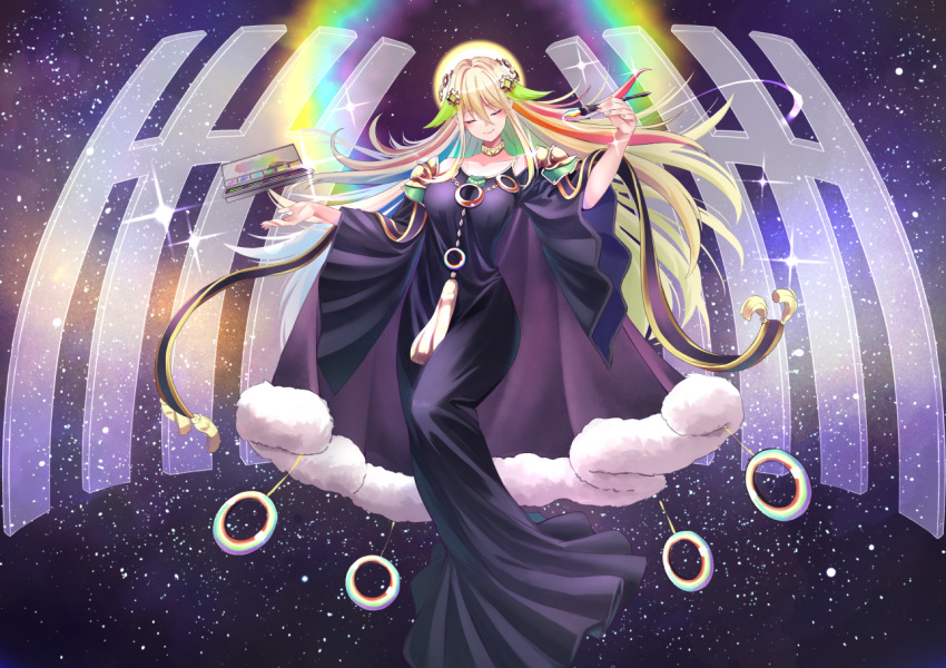 1girl, artist_painter, black_dress, breasts, closed_eyes, dress, duel_monster, full_body