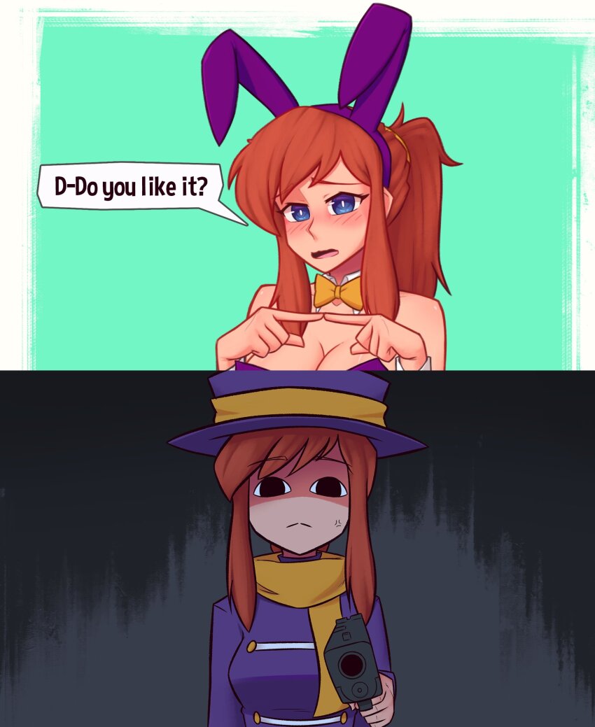 1girl, a_hat_in_time, aged_up, aiming, aiming_at_viewer, animal_ear_hairband, animal_ears, bare_shoulders, black_eyes, blue_eyes, blush, bow, bowtie, breasts, brown_hair, buttons, coat, commentary, delete_this_(meme), detached_collar, double-breasted, english_commentary, english_text, fake_animal_ears, gun, hair_tie, hairband, handgun, hat, hat_kid, hat_ribbon, highres, holding, holding_gun, holding_weapon, index_fingers_together, large_breasts, leotard, long_sleeves, meme, multiple_views, pointing_gun_at_viewer, ponytail, purple_coat, purple_hairband, purple_hat, purple_leotard, rabbit_ears, ribbon, sidelocks, speech_bubble, strapless, strapless_leotard, sweater, weapon, xyronii, yellow_bow, yellow_bowtie, yellow_ribbon, yellow_sweater