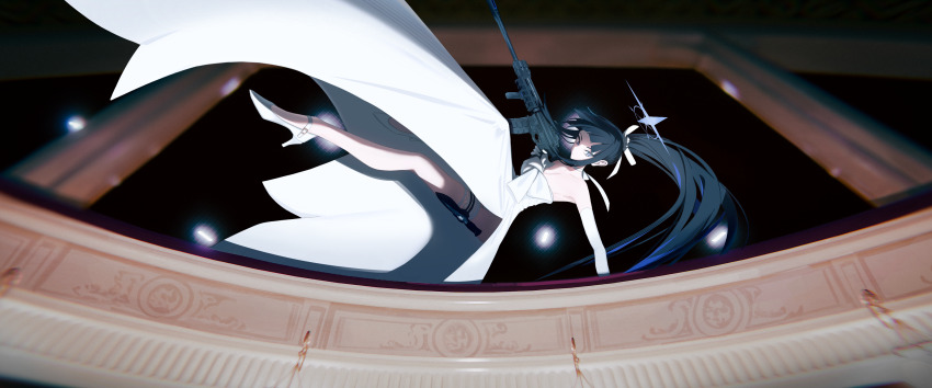 1girl, absurdres, assault_rifle, bare_shoulders, blue_archive, blue_eyes, blue_hair, closed_mouth