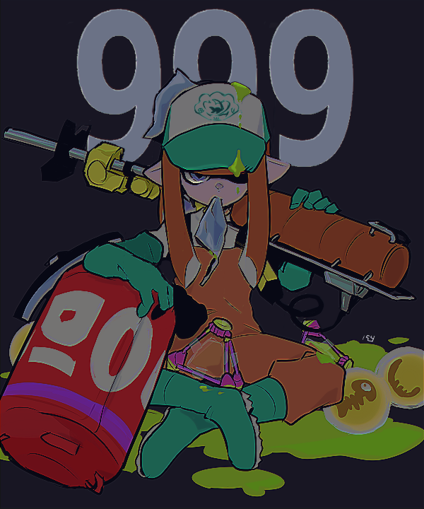 1girl, baseball_cap, blue_eyes, blunt_bangs, boots, closed_mouth, commentary_request, e-liter_4k_(splatoon)