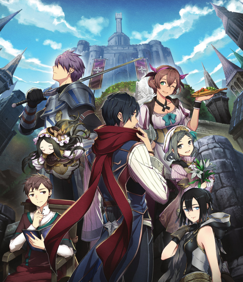 3boys, 4girls, :d, ;d, absurdres, adjusting_scarf, adol_christin, anemona_rijndael