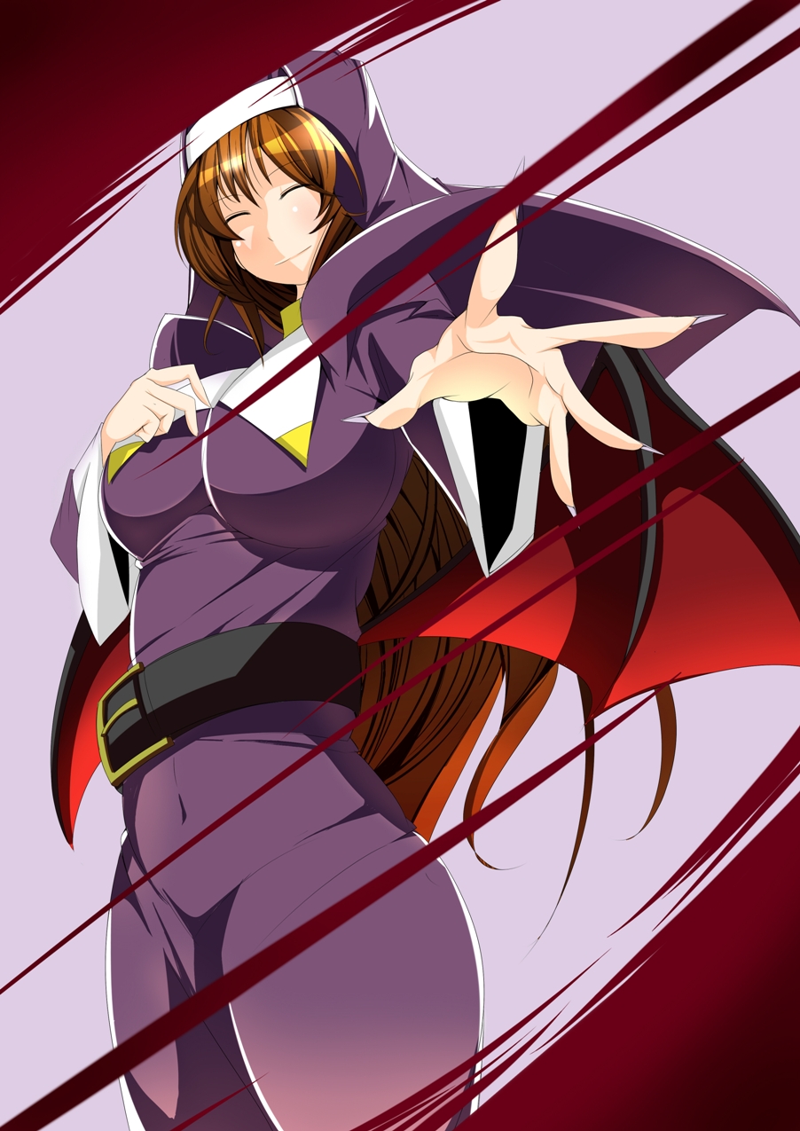 1girl, ^_^, aq_interactive, arcana_heart, atlus, clarice_di_lanza, closed_eyes, examu, female_focus, fingernails, highres, isogai_yuuji, nail_(hardware), nun, solo, wings