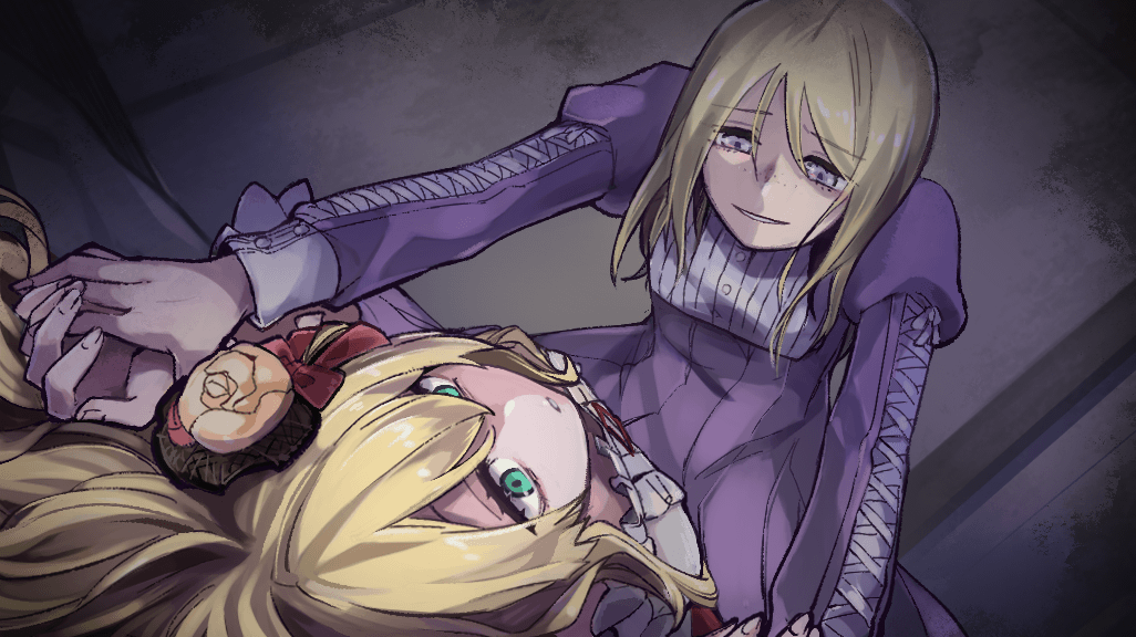 2girls, above_another, against_bed, betty_(raison_d'etre), blonde_hair, bow, c3_games, child, dress, eyelashes, fingernails, flower, frilled_dress, frills, green_eyes, holding_another's_wrist, long_hair, looking_at_another, looking_down, lying, multiple_girls, orange_flower, orange_rose, pink_bow, pink_flower, pink_rose, purple_bow, purple_dress, purple_eye, raison_d'etre, ribbon, rose, rose_(raison_d'etre), smile, white_dress, wide-eyed