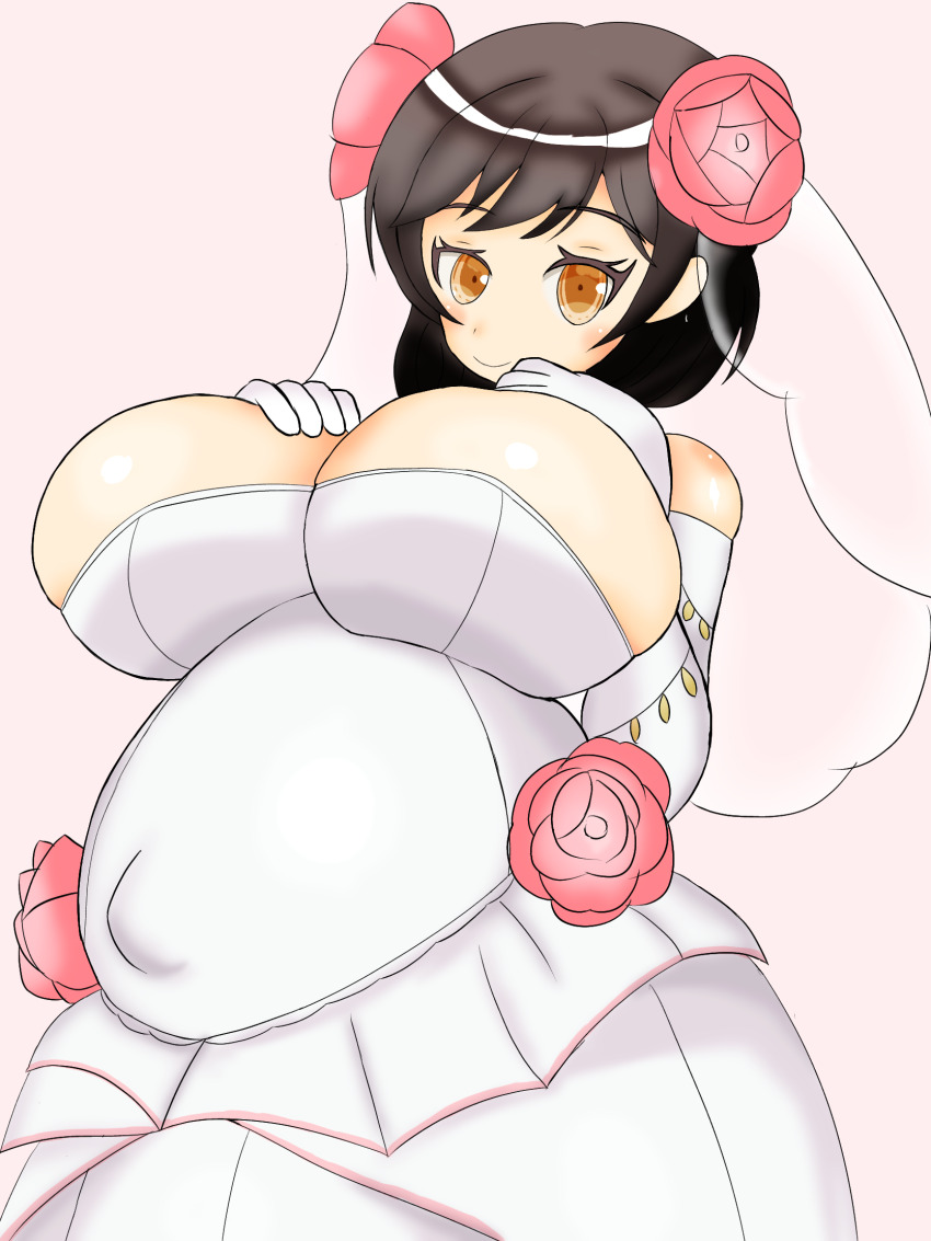 1girl, black_hair, breasts, cleavage, dress, highres, ongeki, pregnant, sakurai_haruna_(ongeki), sankounamiyoshi, wedding_dress, white_dress