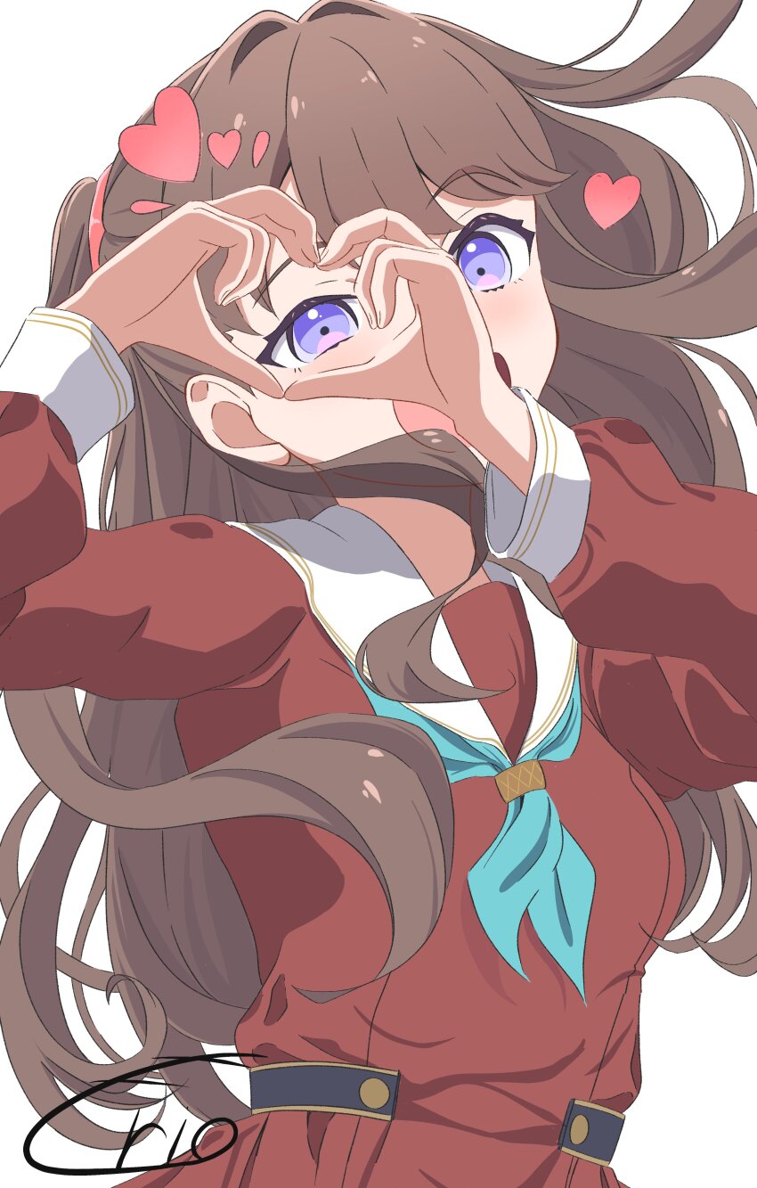 1girl, :d, absurdres, aqua_neckerchief, blush, breasts, brown_dress, brown_hair