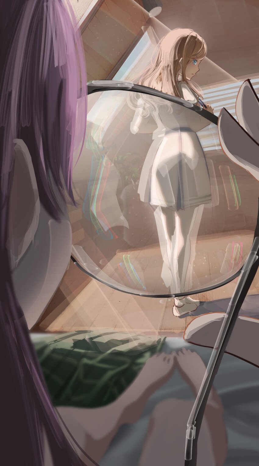 2girls, bang_dream!, bang_dream!_it's_mygo!!!!!, barefoot, brown_hair, chihaya_anon, commentary_request, dress, glasses, haneoka_school_uniform, highres, indoors, long_hair, multiple_girls, nagasaki_soyo, pink_hair, school_uniform, sidelocks, skirt, tsukinomori_school_uniform, undressing, unworn_skirt, white_dress, yitiaowei, yuri