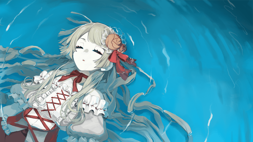 afloat, bare_shoulders, blonde_hair, bow, c3_games, child, closed_eyes, dress