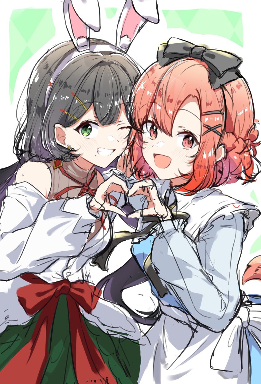 2girls, absurdres, animal_ears, black_bow, black_hair, blush, bow, braid