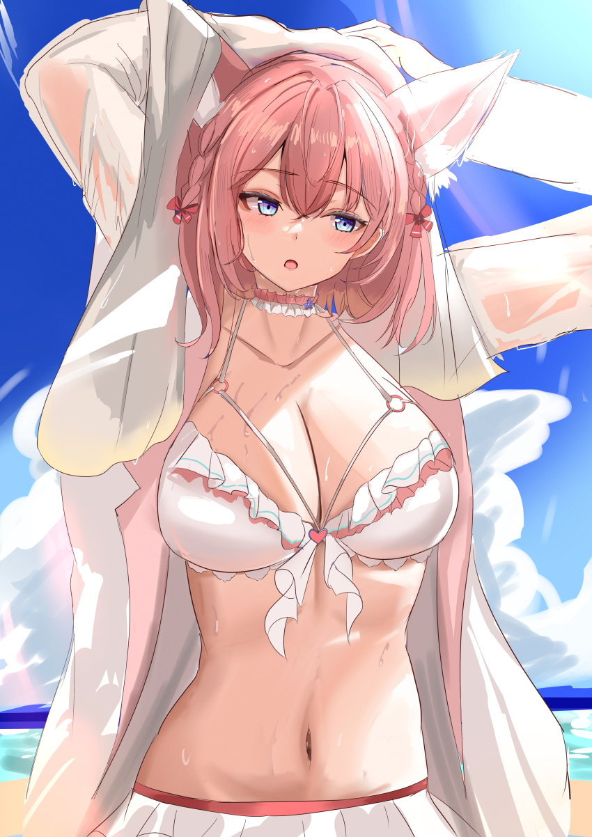 1girl, absurdres, animal_ears, beach, bikini, blue_sky, braid, breasts