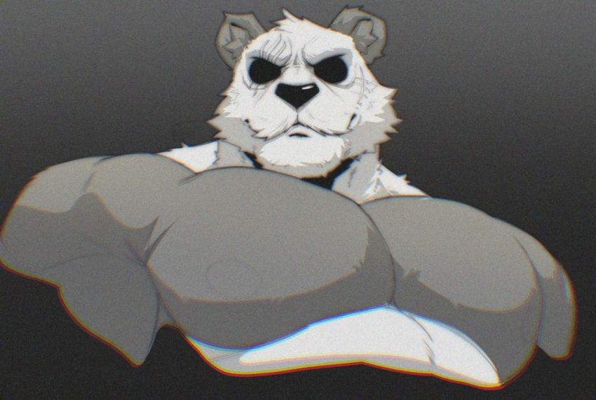 1boy, animal_ear_fluff, animal_ears, bara, beastars, black_fur, commentary, english_commentary