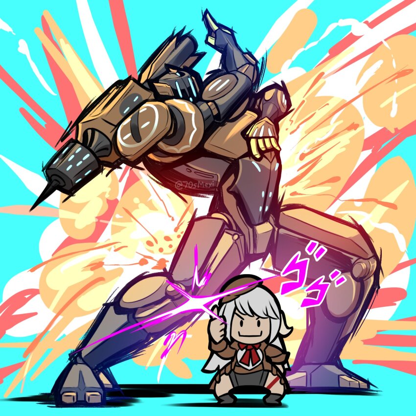 1girl, 1other, au_ra, automaton_queen, chibi, explosion, explosion_background, final_fantasy