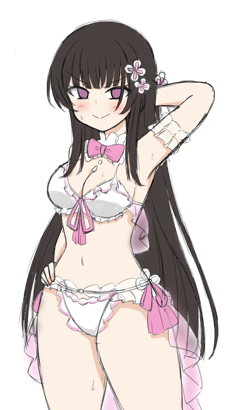 >:), 1girl, arm_behind_head, arm_garter, assault_lily, bikini, black_hair, blunt_bangs