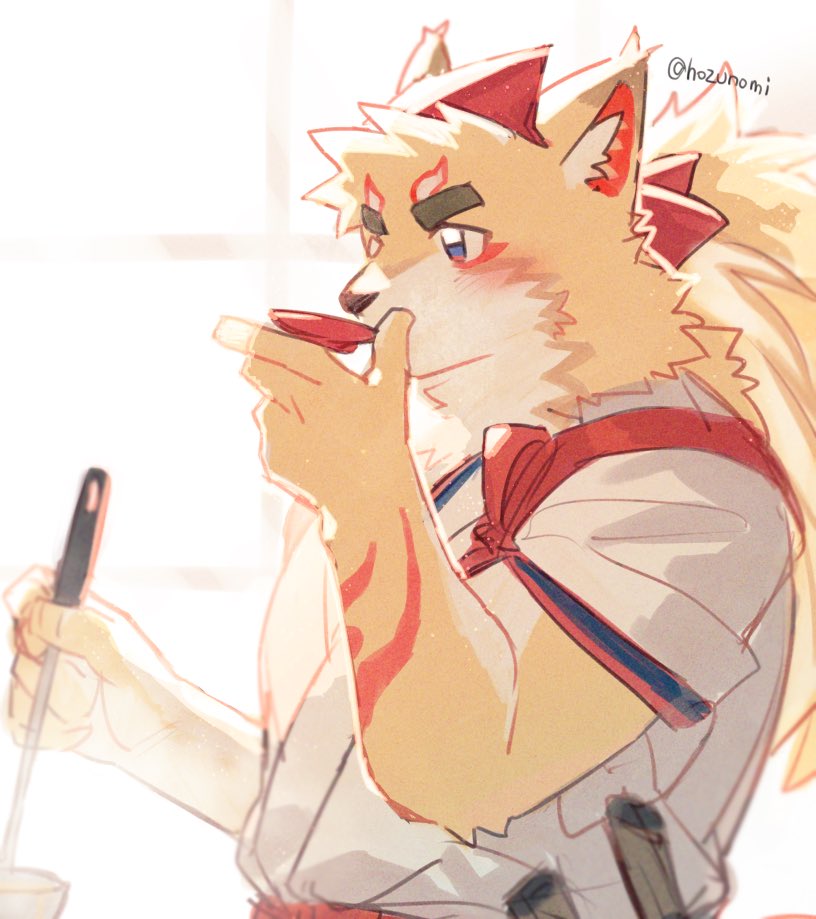 1boy, animal_ears, artist_name, blush, commentary_request, fox_boy, fox_ears, furry