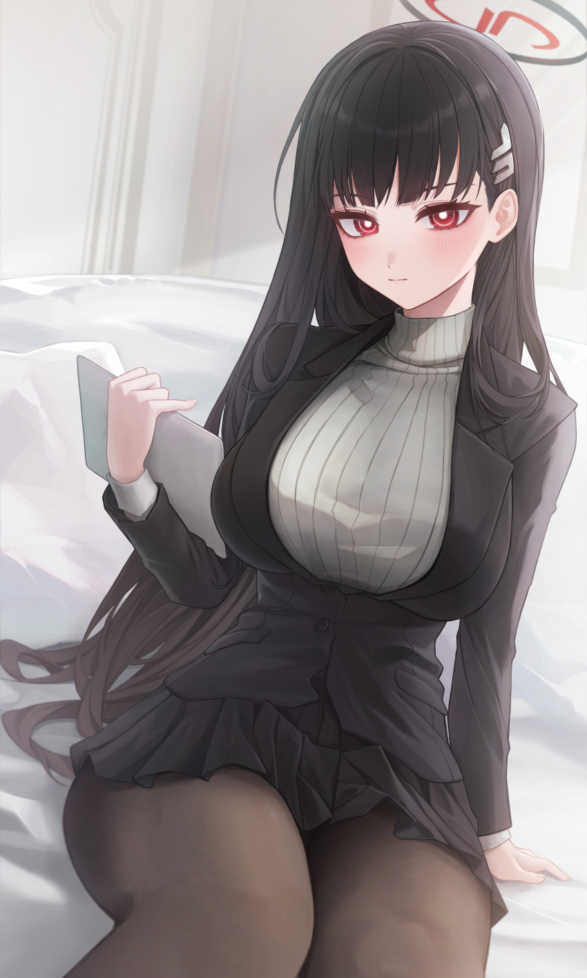 1girl, absurdres, black_hair, black_halo, black_jacket, black_pantyhose, black_skirt, blue_archive