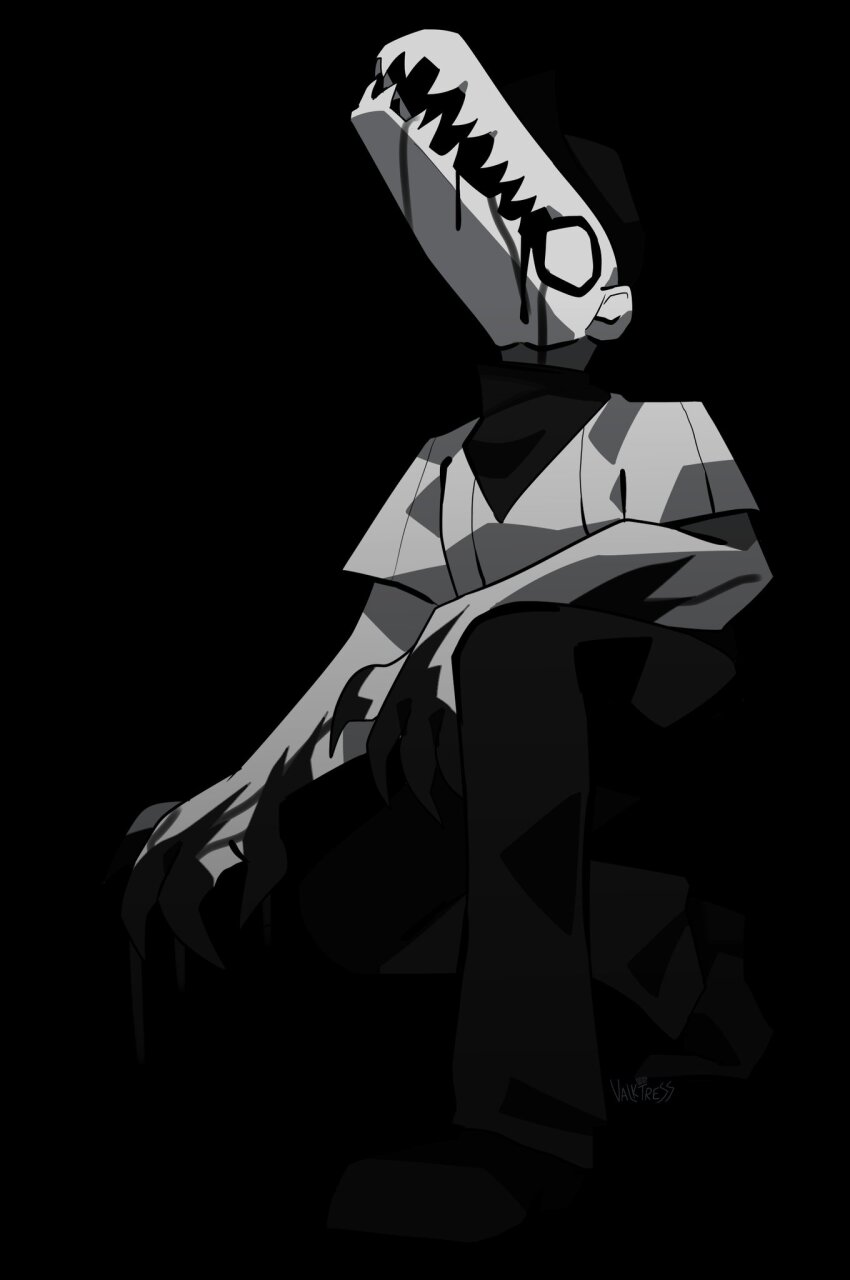 1boy, alternate_form, bad_batter, black_background, claws, commentary, drooling, english_commentary, full_body, hat, head_back, highres, male_focus, monster, monster_boy, no_pupils, off_(game), open_mouth, pants, sharp_teeth, shirt, shoes, short_sleeves, simple_background, spoilers, teeth, valkenite, white_eyes