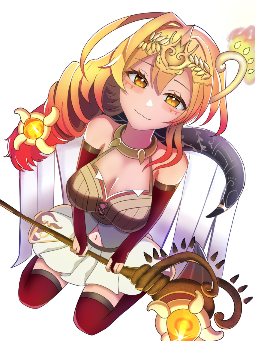 breasts, cleavage, closed_mouth, duel_monster, elbow_gloves, from_above, gloves, hair_between_eyes