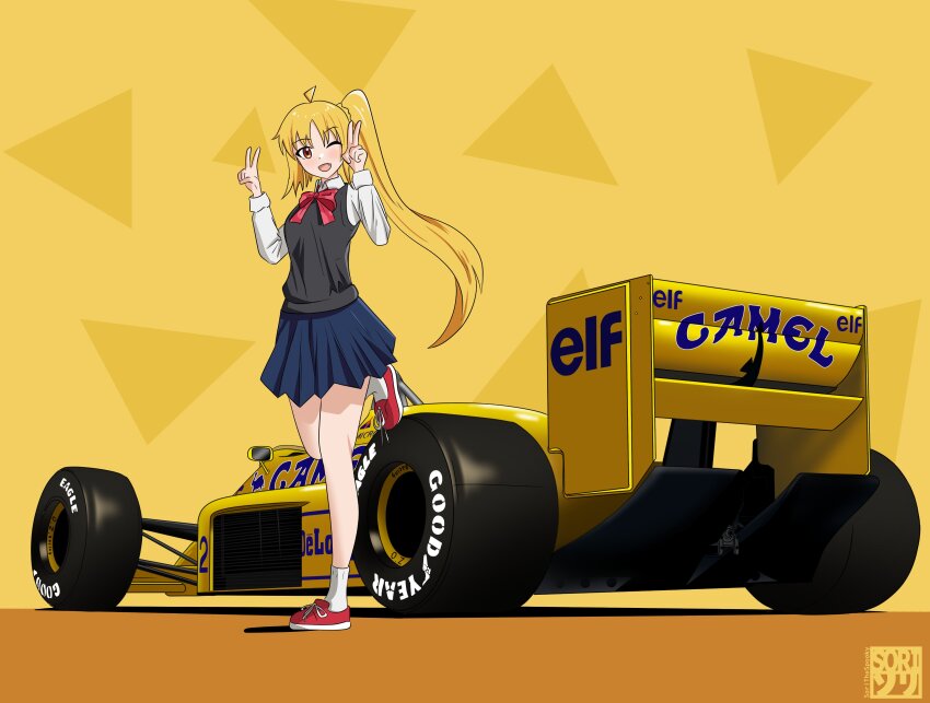 1girl, ;d, absurdres, ahoge, artist_logo, black_sweater_vest, blonde_hair, blue_skirt