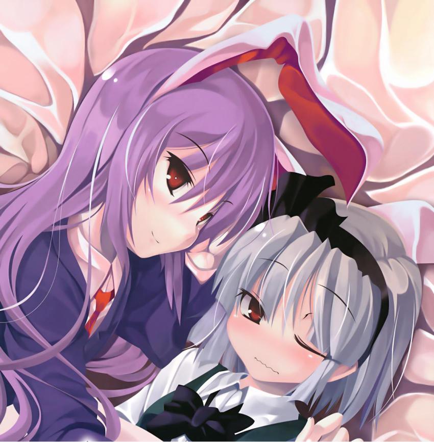 2girls, animal_ears, bed, blazer, blush, bow, bowtie, embarrassed