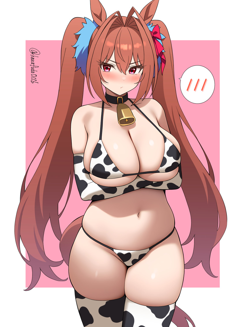 1girl, :/, absurdres, alternate_costume, animal_ears, animal_print, antenna_hair, arms_under_breasts