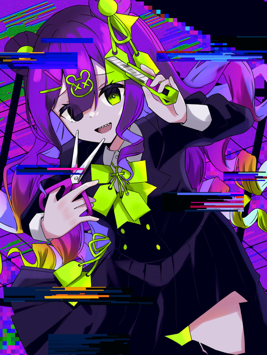 1girl, :d, absurdres, black_dress, black_eyes, bug_(vocaloid), center-flap_bangs, collared_dress