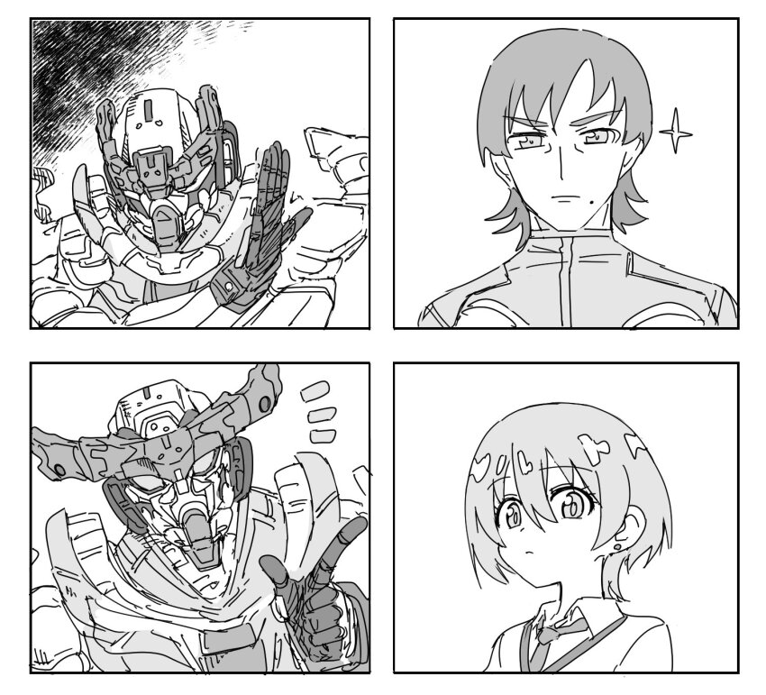 1boy, 1girl, amate_yuzuriha, drakeposting_(meme), earrings, gquuuuuux, greyscale, gundam