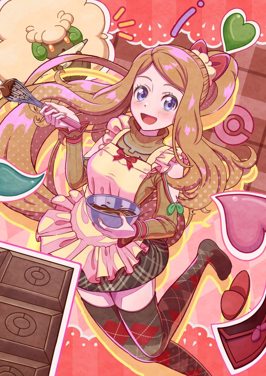 absurdres, apron, bowl, brown_hair, candy, chocolate, chocolate_bar, dosya_252