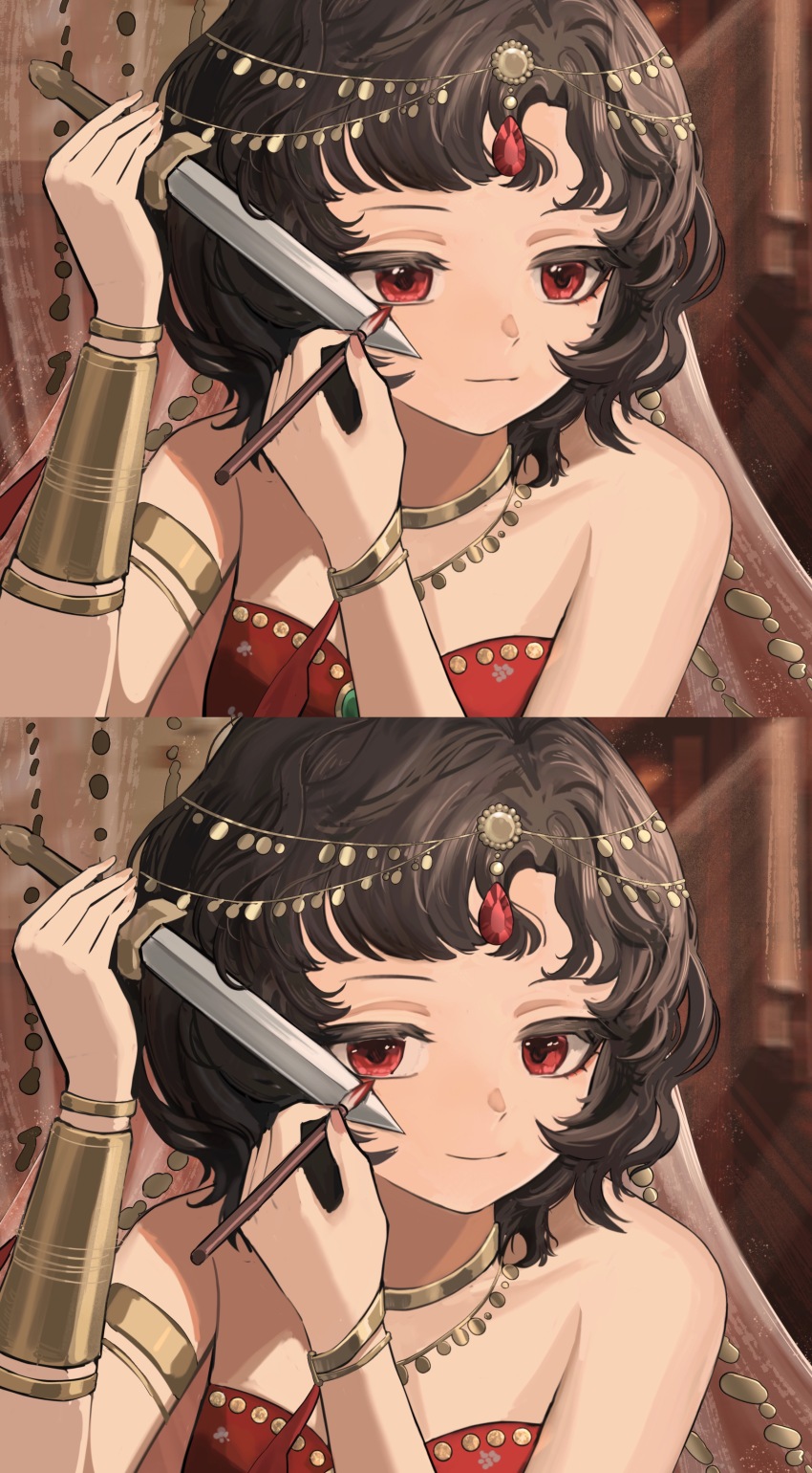 1girl, absurdres, alternate_costume, armlet, bare_shoulders, black_hair, bracelet, choker