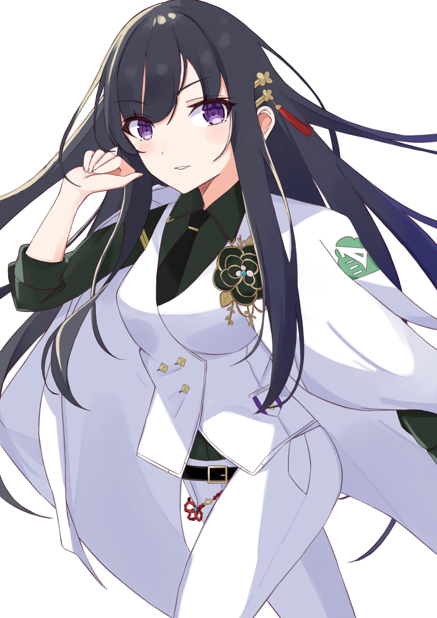 absurdres, black_hair, coat, coat_on_shoulders, hair_ornament, heaven_burns_red, highres, jacket, long_hair, necktie, nikaidou_misato, nikaidou_misato_(lead_by_example), official_alternate_costume, purple_eyes, shiki6628, sidelocks, tassel, tassel_hair_ornament, vest, white_jacket, white_vest