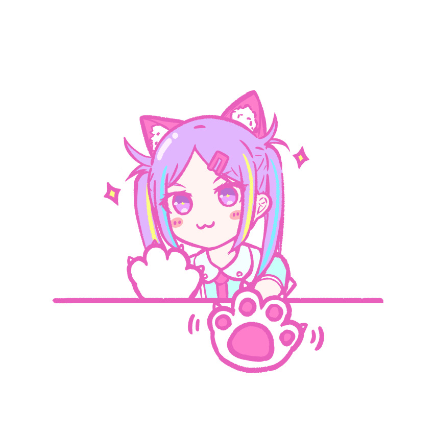 1girl, absurdres, animal_ears, animal_hands, arcshizuku, cat_ears, heaven_burns_red, highres, ishii_iroha, multicolored_hair, necktie, portrait, purple_eyes, purple_hair, solo, streaked_hair, twintails, white_background