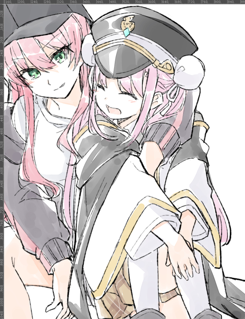 2girls, aikawa_megumi, aikawa_megumi_(casual), arms_around_neck, baseball_cap, double_bun, green_eyes, hair_bun