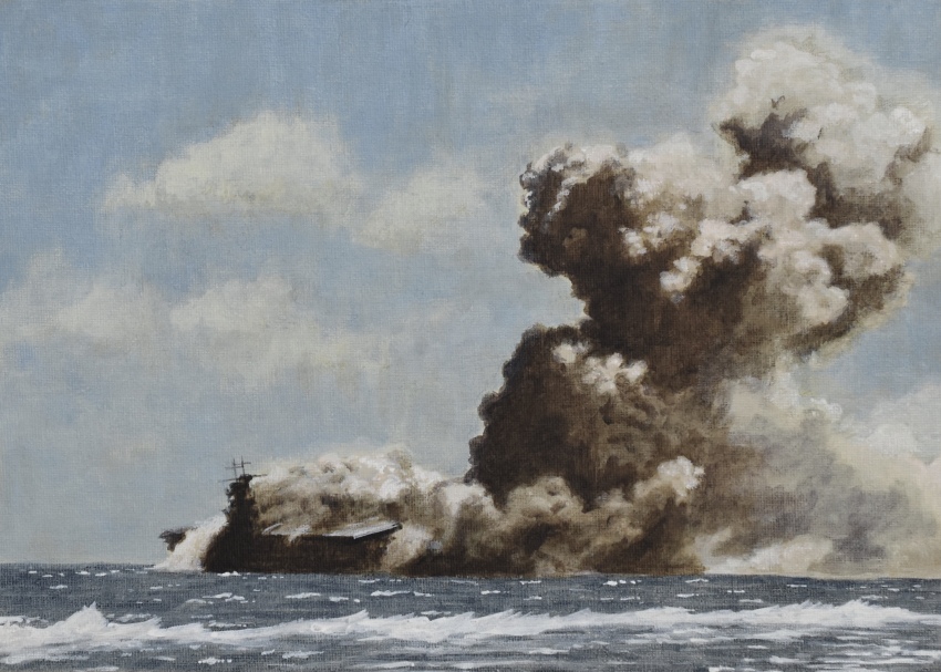 acrylic_paint_(medium), aircraft_carrier, atelier_bono, cloud, guadalcanal_campaign, highres, historical_event, military_vehicle